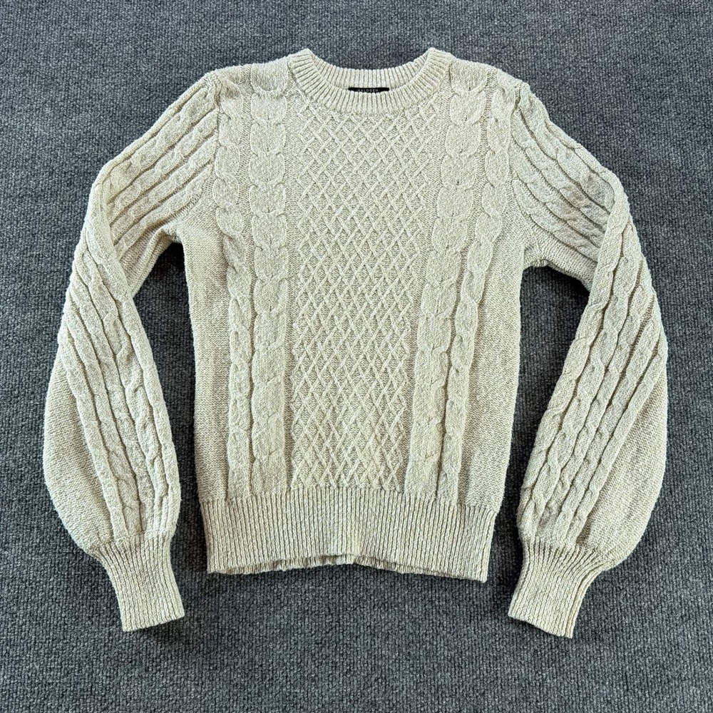 Halogen x Atlantic-Pacific Cream Gold Metallic Cable Knit Sweater Womens XS Fall
